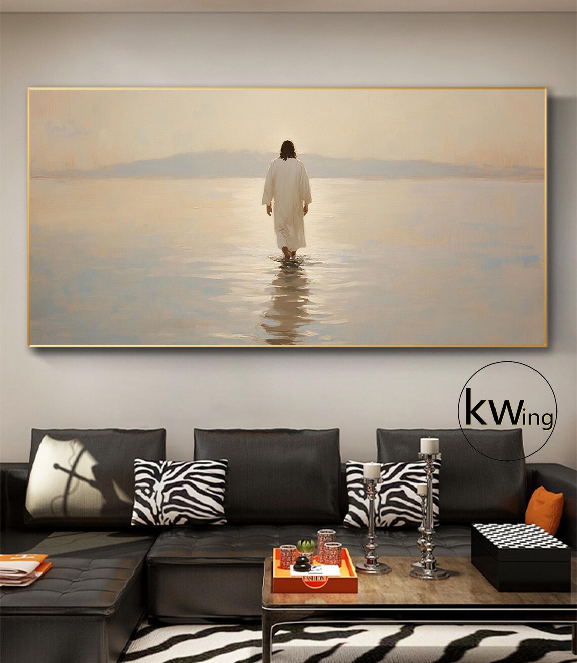 Jesus Walking on Water Toward Golden Horizon Serene Christian Poster - Image 5