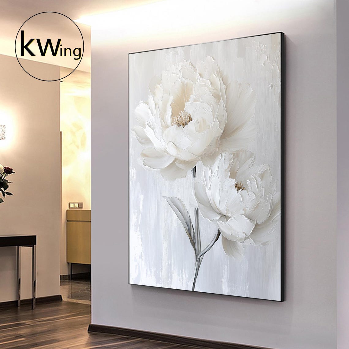 White Peony Blossom 3D Texture Painting Elegant Floral Wall Art Poster - Image 5