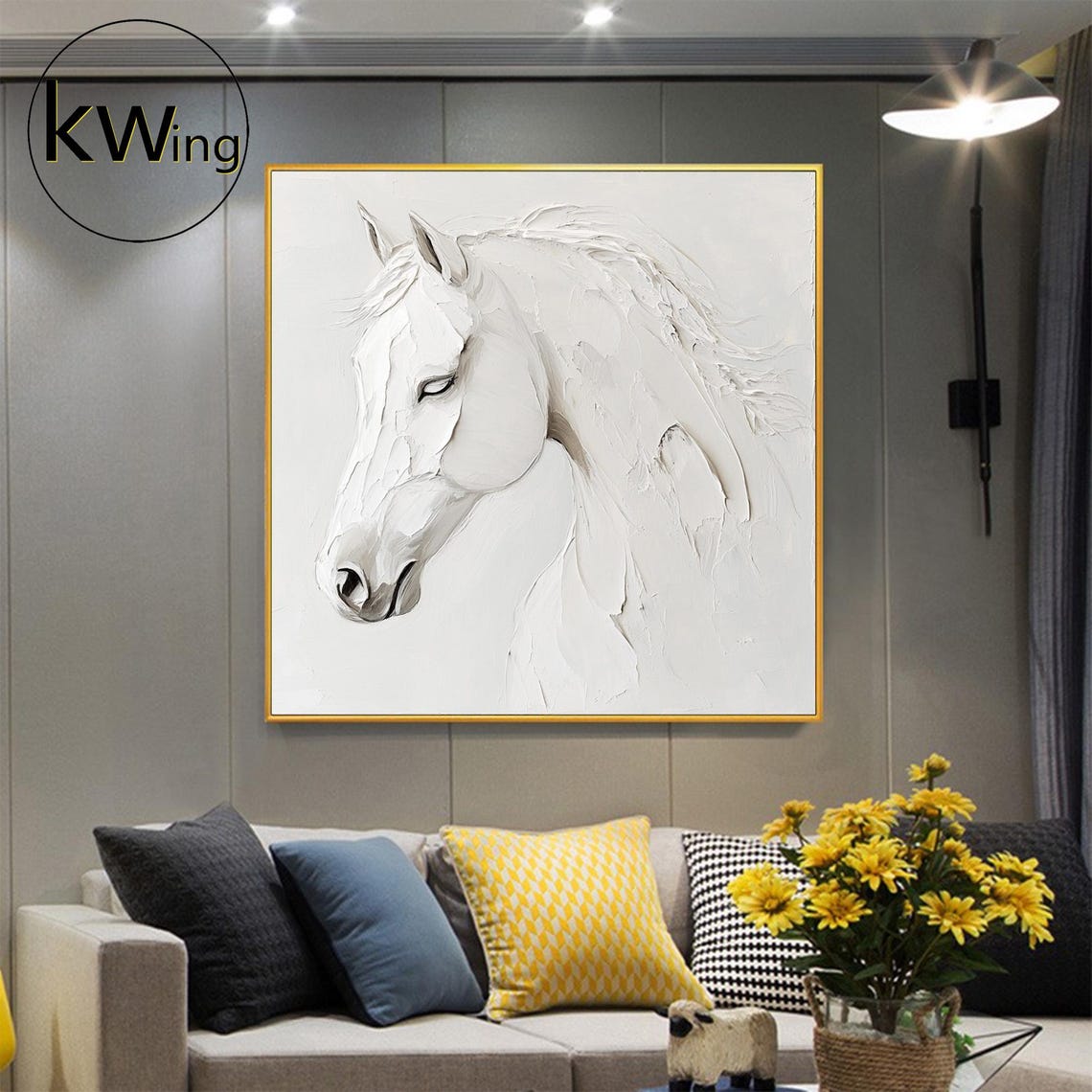 Large White Horse Oil Painting Hand Painted Animal Oil Painting White Textured Painting Horse Wall Art Portrait Art Office Wall Decor - Image 3