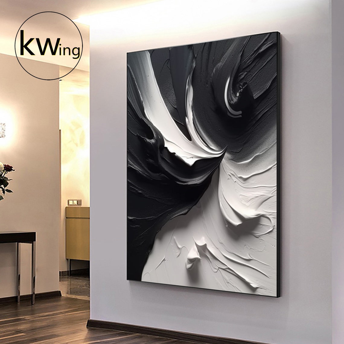 Black White Flowing Feather Wave Impasto Textured Yin Yang Poster - Image 5