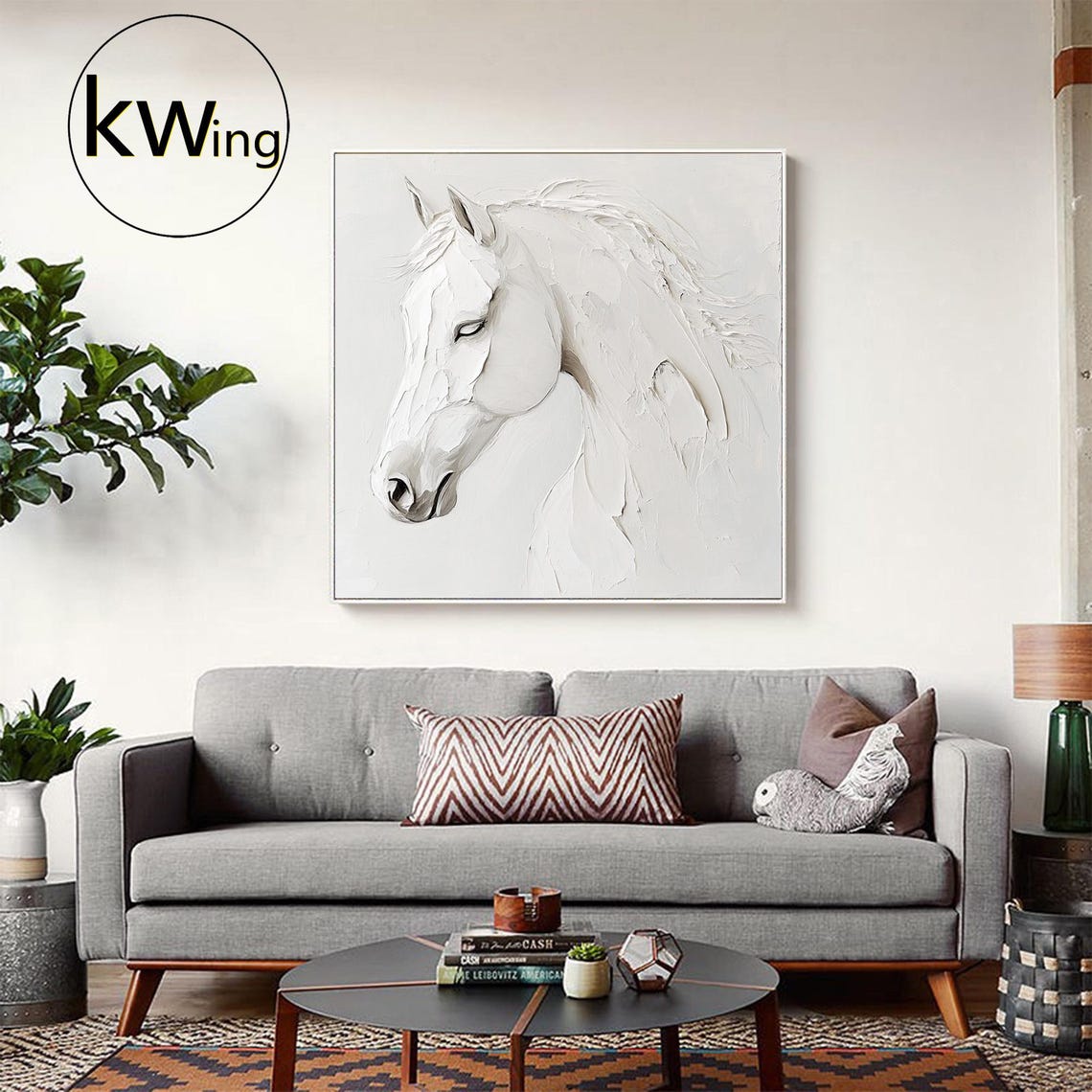 Large White Horse Oil Painting Hand Painted Animal Oil Painting White Textured Painting Horse Wall Art Portrait Art Office Wall Decor - Image 4