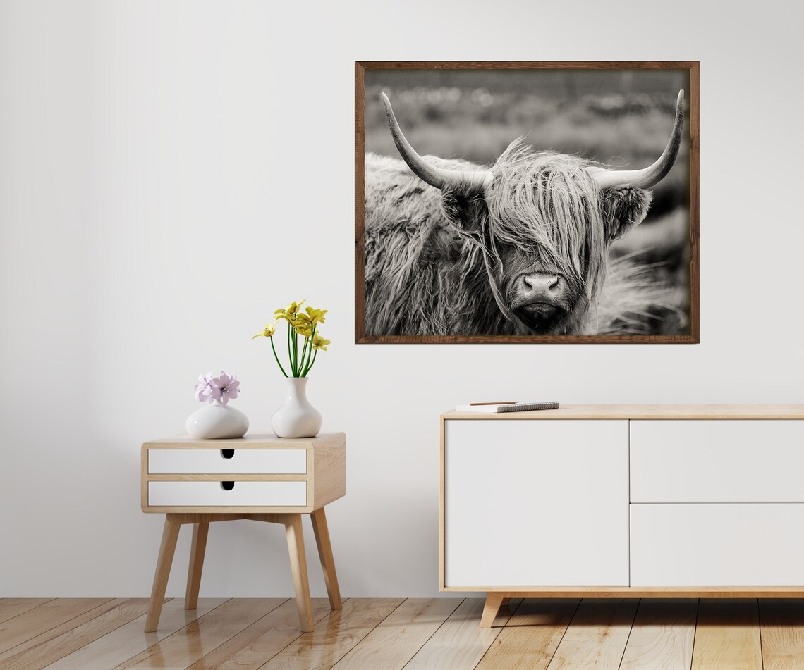 Highland Cow Print Black And White Highland Cow Wood Frame Art Highland Cow Wall Art Farm Animal Print Farm Decor Bull Print Buffal - Image 4