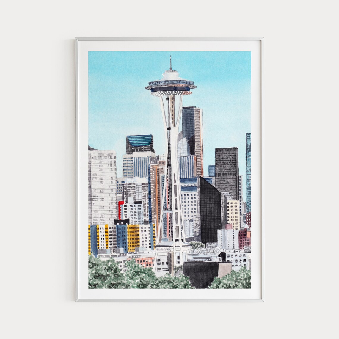 Seattle Space Needle City Skyline Watercolor Washington USA Poster