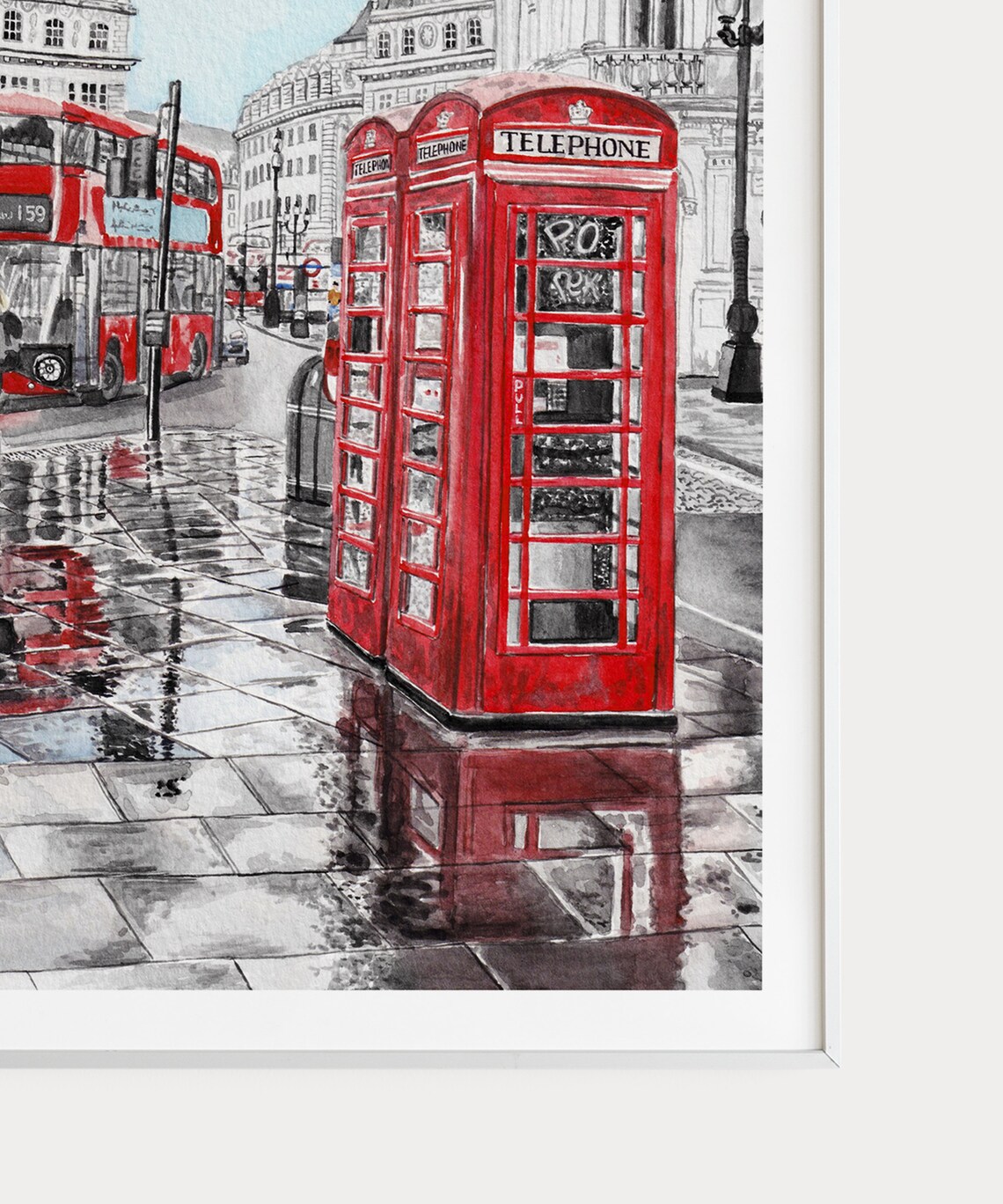 London Red Telephone Booths Rainy Piccadilly Street Watercolor Poster - Image 3