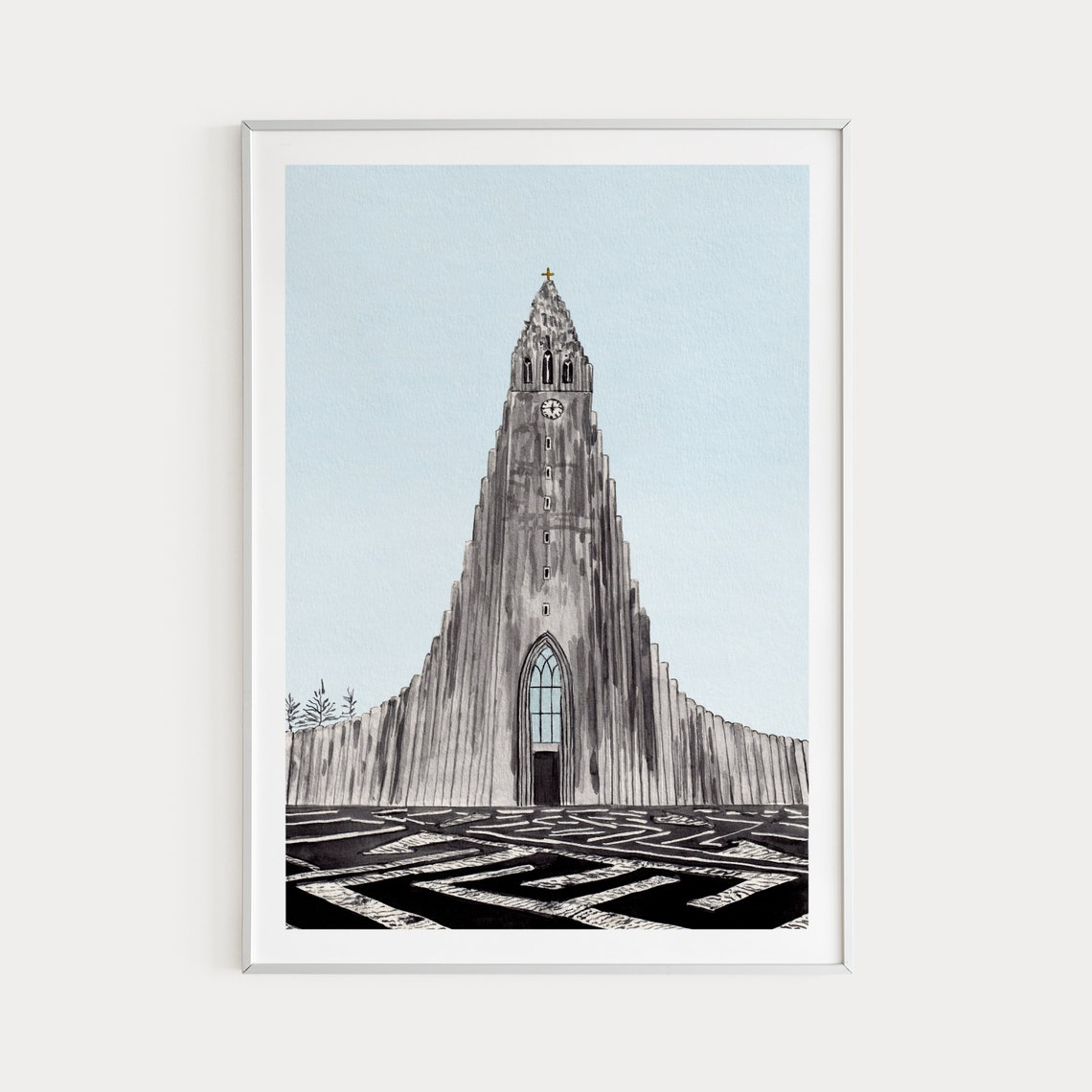 Hallgrimskirkja Church Reykjavik Minimalist Iceland Watercolor Poster