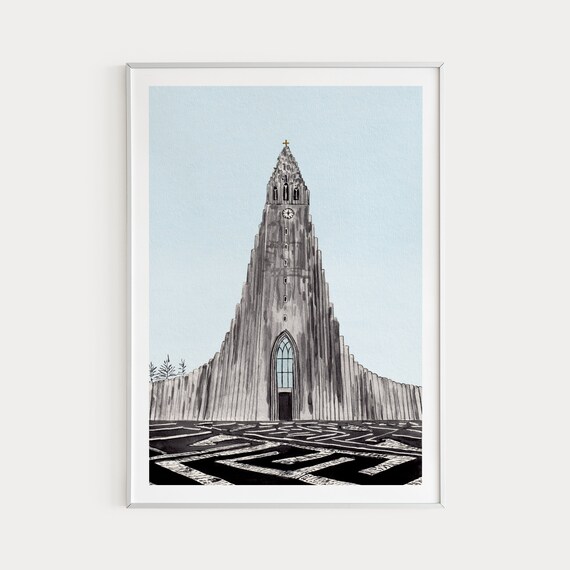 Hallgrimskirkja Church Reykjavik Minimalist Iceland Watercolor Poster