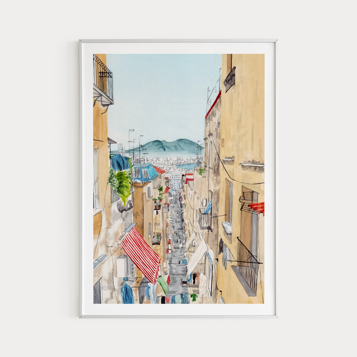 Naples Cityscape Watercolor Travel Poster, Italy