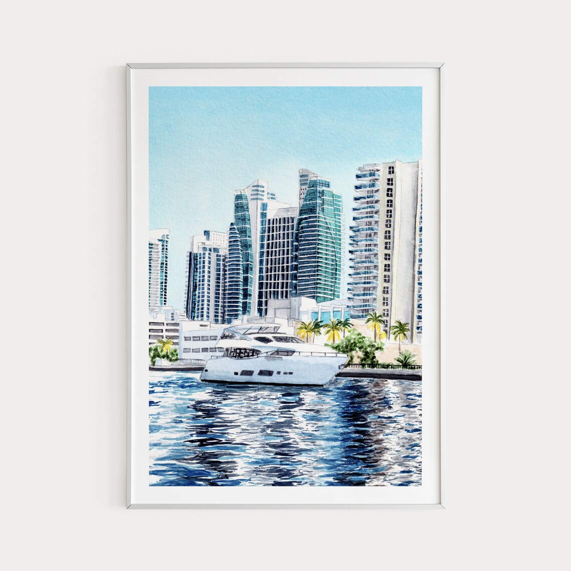 Miami Skyline Yacht Waterfront Watercolor Cityscape Florida Poster