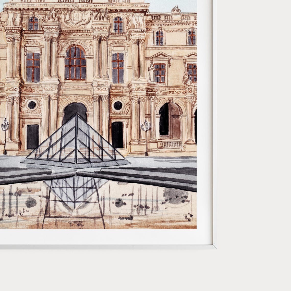 Louvre Museum Paris Glass Pyramid Reflection Watercolor Poster - Image 3