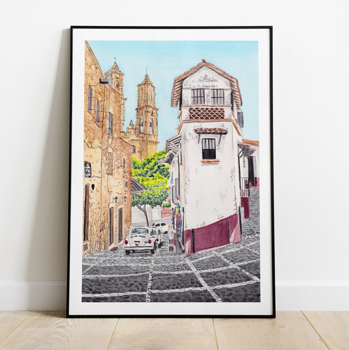 Taxco Mexico Colonial Street Church Towers Watercolor Poster - Image 2