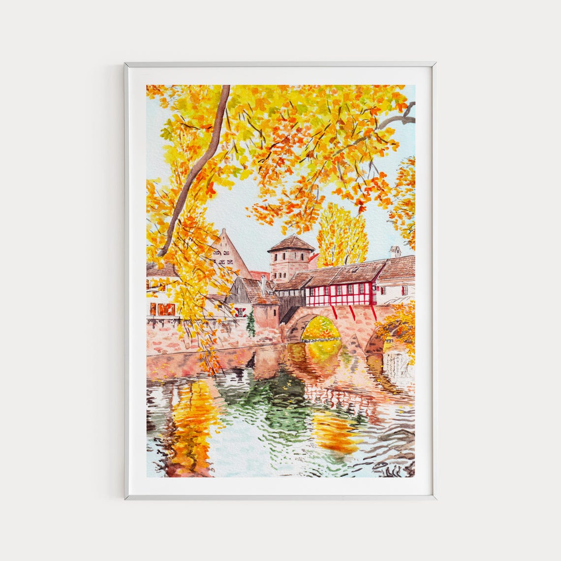 Nuremberg Autumn Old Town Bridge River Reflection Watercolor Poster