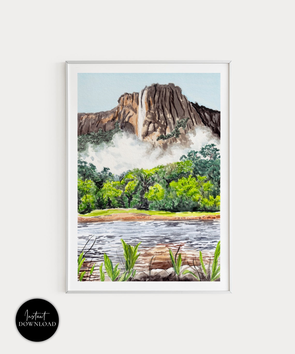 Angel Falls Venezuela Tepui Waterfall Mist River Watercolor Poster