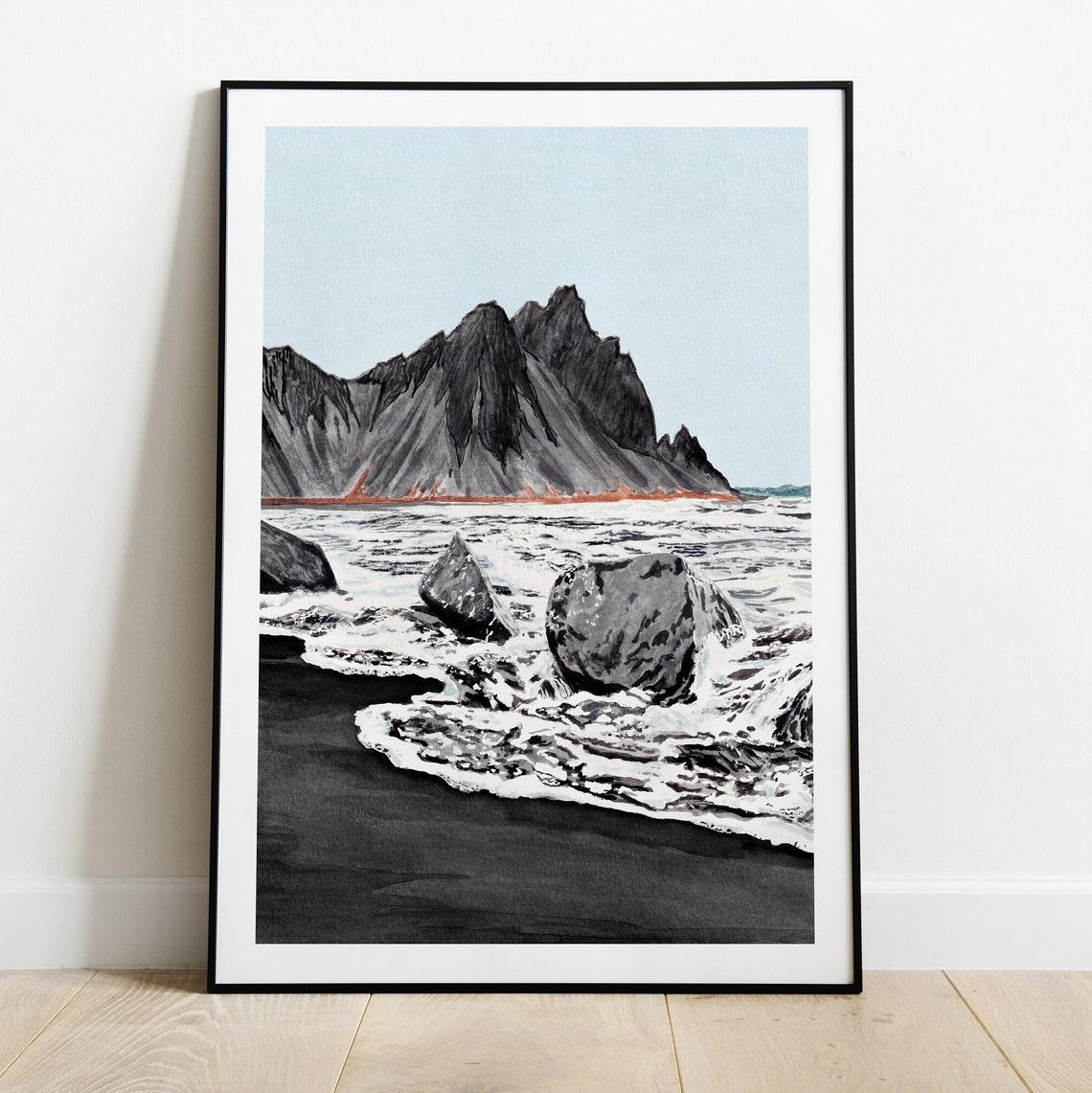 Iceland Black Sand Beach Waves Basalt Peaks Watercolor Poster