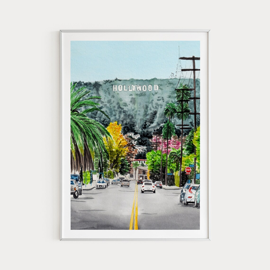 Hollywood Sign Los Angeles Street Palm Trees Watercolor Poster