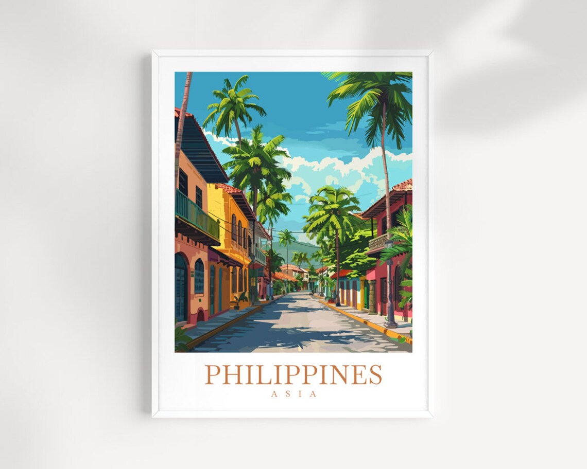 Philippines Asia Colorful Colonial Street Palm Trees Travel Poster