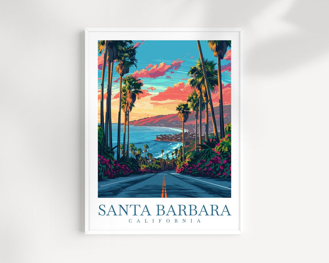 Santa Barbara California Sunset Palm Road to the Ocean Art Print