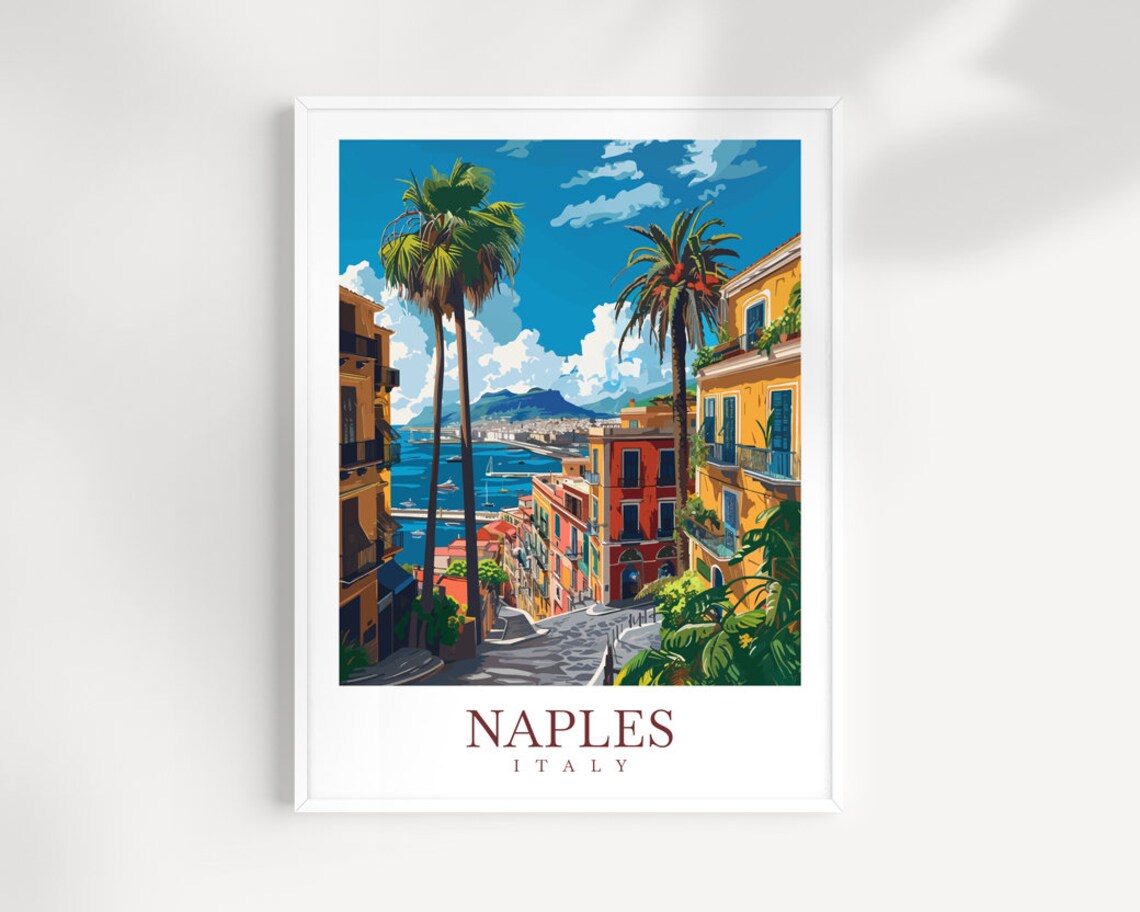 Naples Italy Vintage Travel Poster Palm Lined Street To The Bay