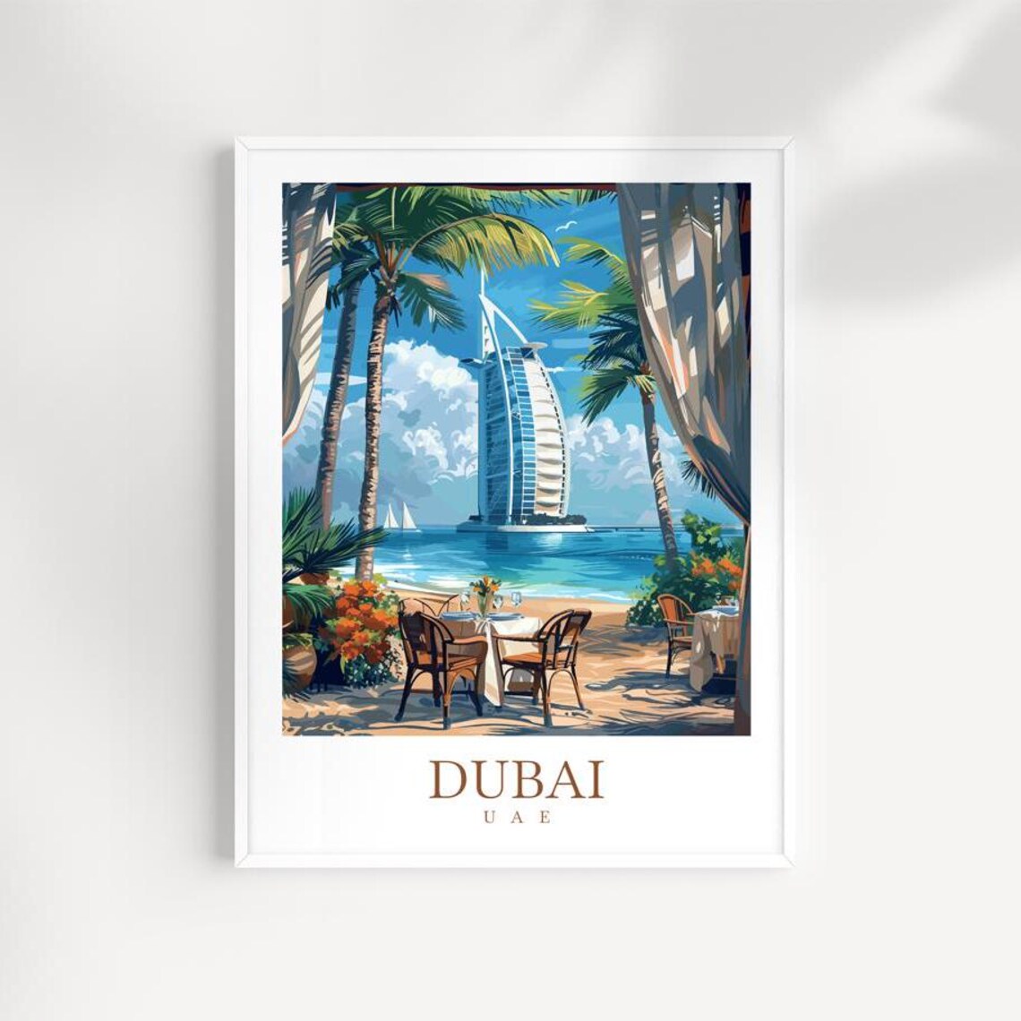 Dubai UAE Travel Poster Burj Al Arab Beach Palm Cafe Tropical Seaside Art