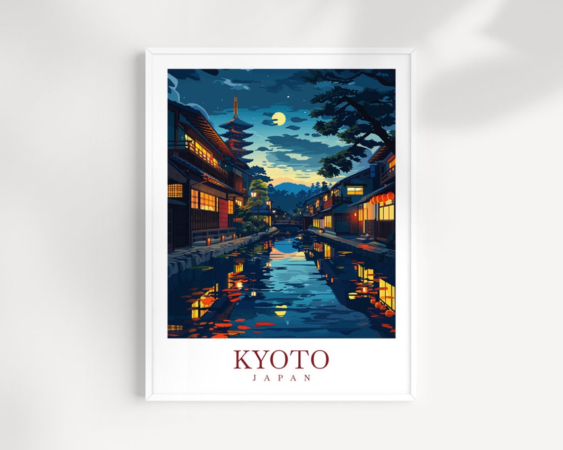 Kyoto Japan Moonlit Canal with Lantern Pagoda Reflection Poster