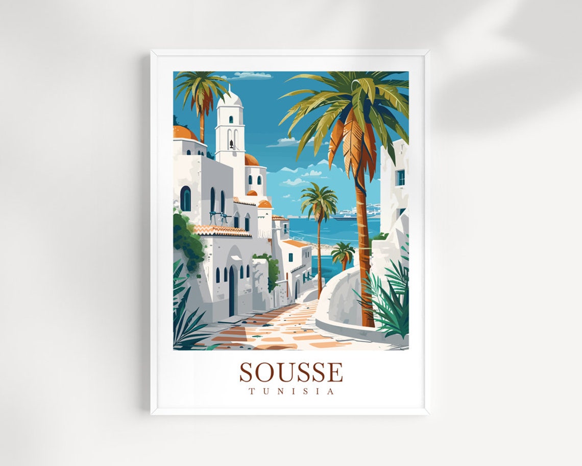 Sousse Tunisia Sea View Whitewashed Street Palm Trees Coastal Poster