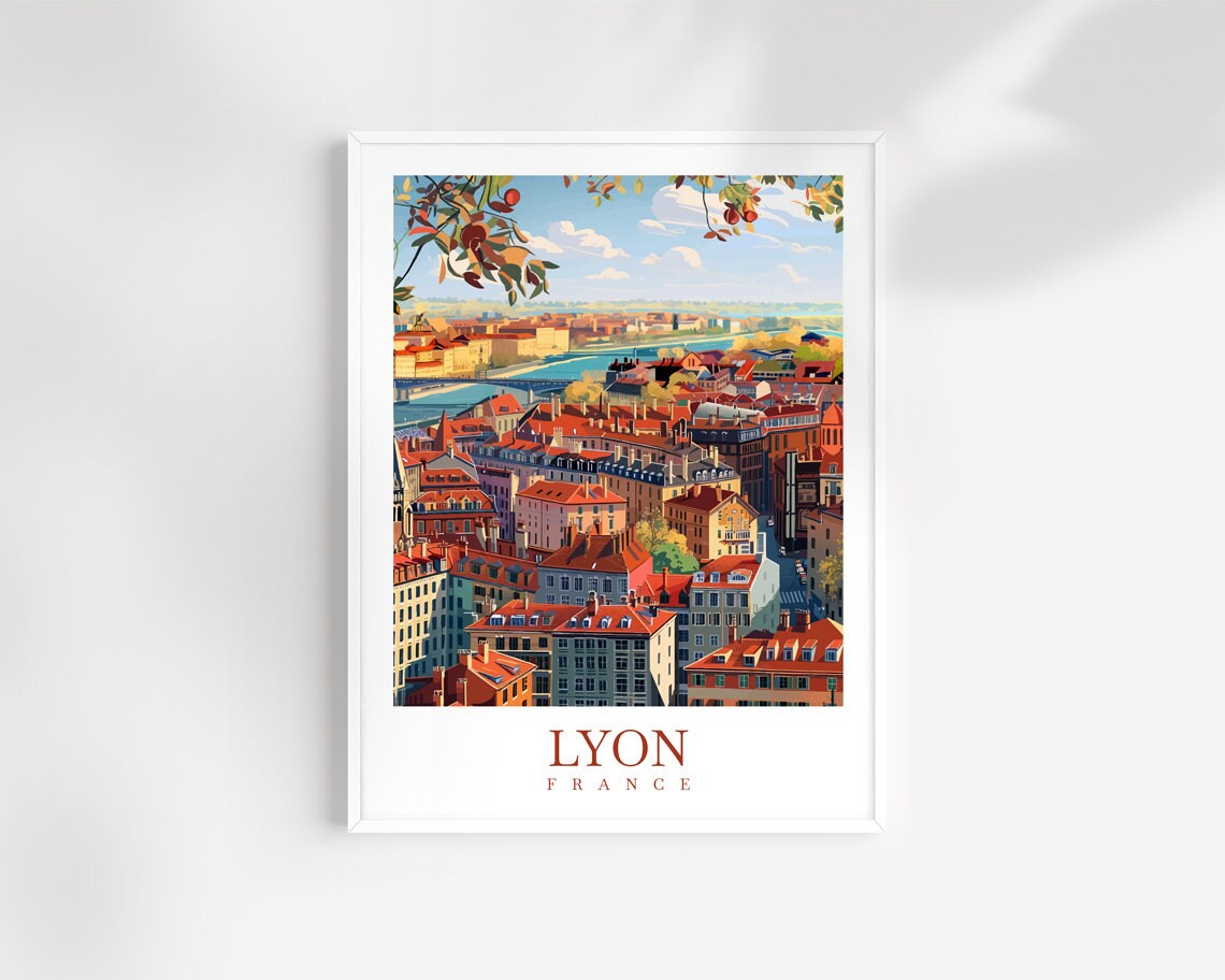 Lyon France Aerial Red Rooftops River Bridge Old Town Travel Poster
