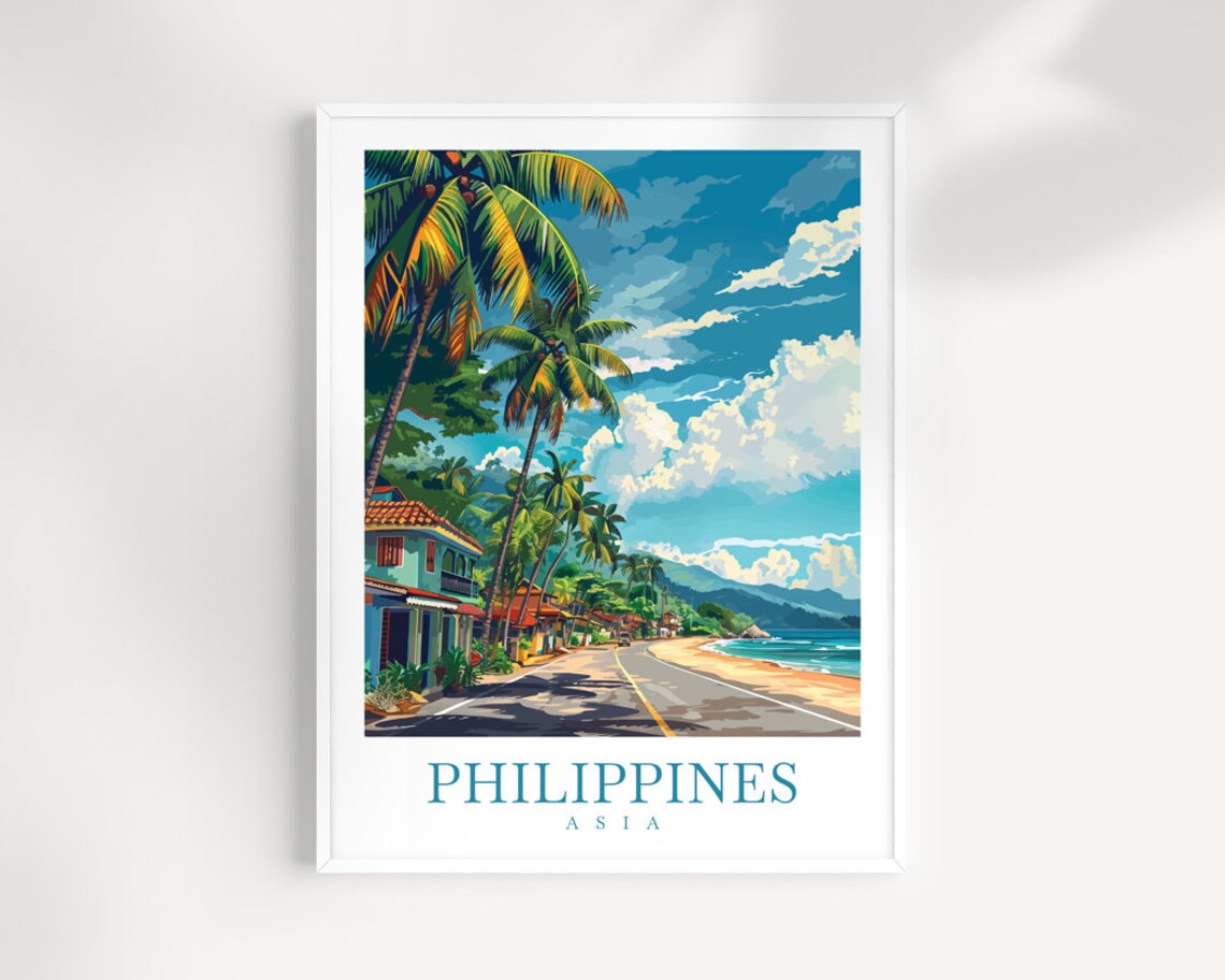 Philippines Tropical Coastal Road With Palm Trees Asia Travel Poster