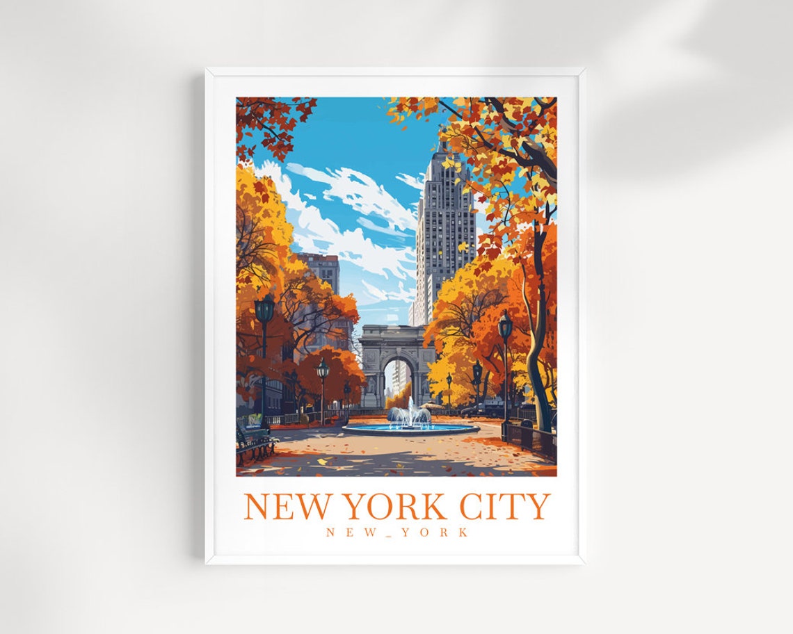 New York City Washington Square Autumn Fountain View Scene Poster