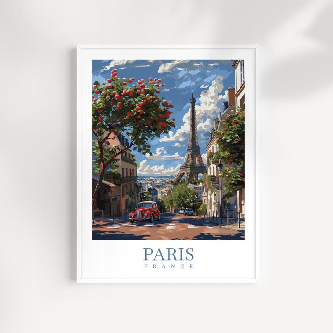 Paris Eiffel Tower Street Vintage Red Car Blooming Flower Poster