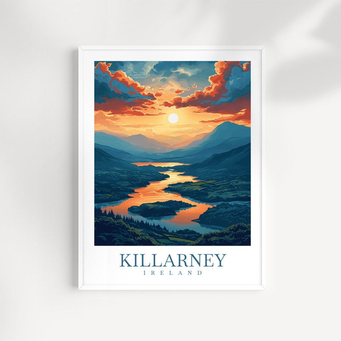 Killarney Ireland Fiery Sunset Lake Mountains Illustration Poster