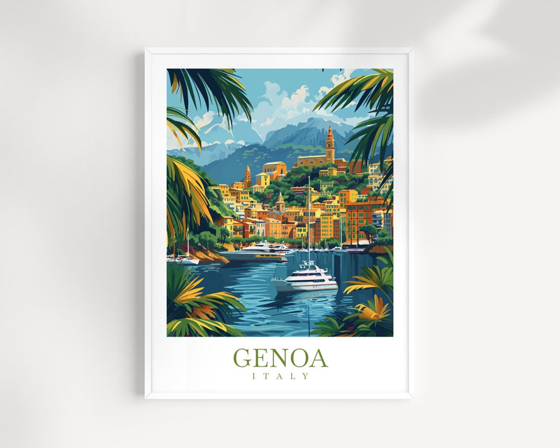 Genoa Italy Colorful Harbor Yachts Mountain Town Mediterranean Poster