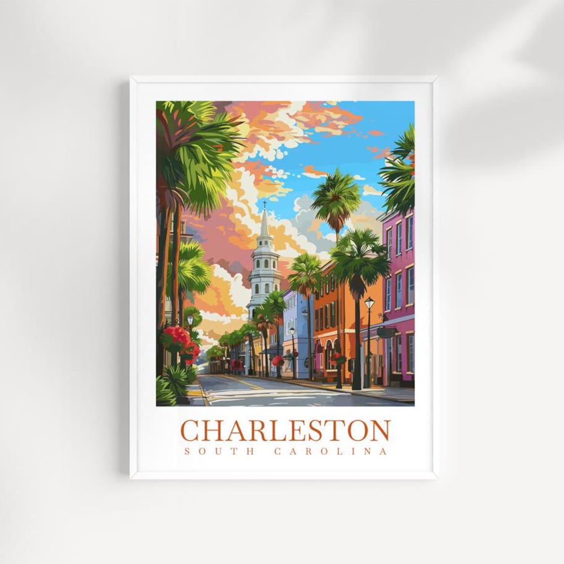 Charleston South Carolina Sunset Street Travel Poster Southern Art