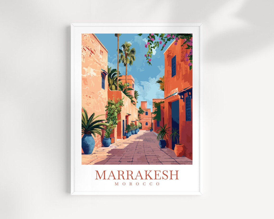 Marrakesh Morocco Terracotta Medina Street Blue Pots Old Town Poster