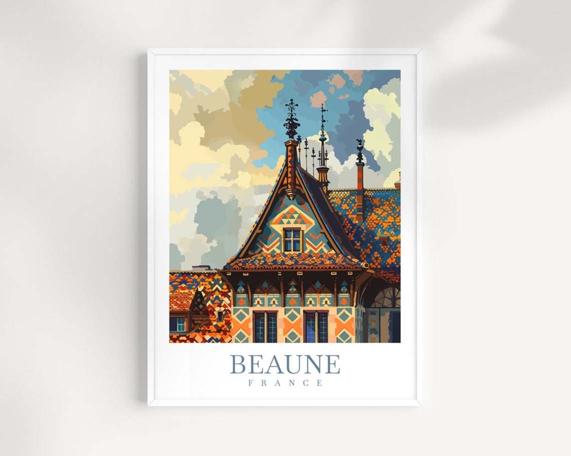 Beaune France Patterned Tile Rooftops Burgundy Vintage Travel Poster
