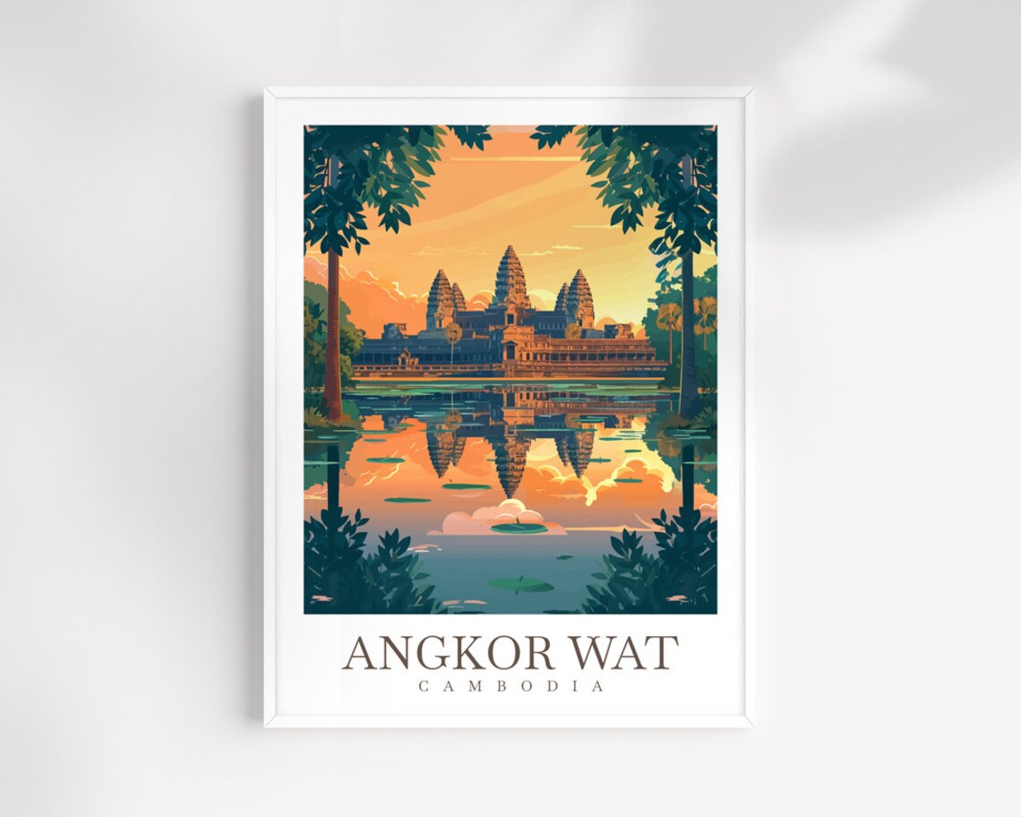 Angkor Wat Cambodia Sunset Temple Reflection Golden Sky Poster
