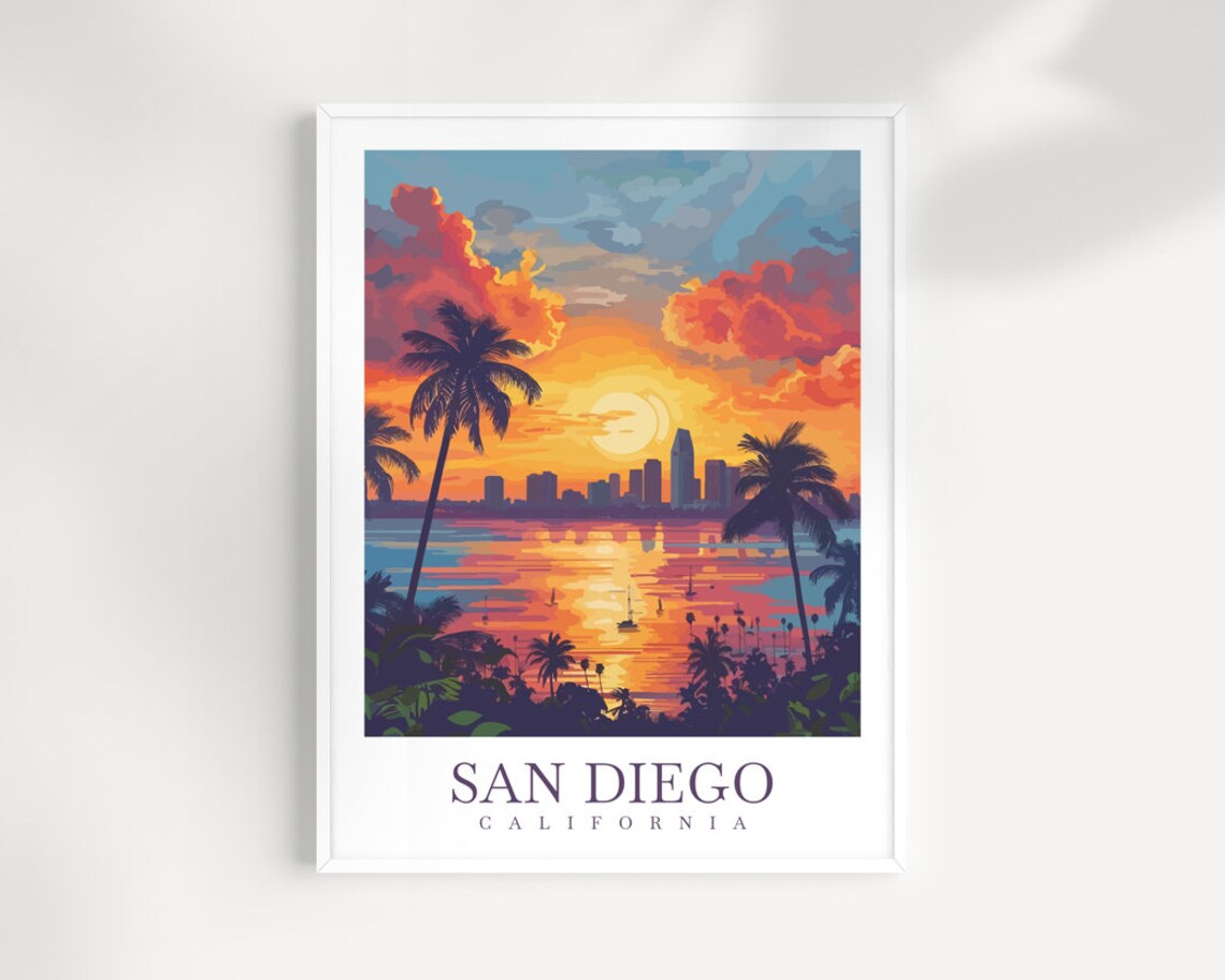 San Diego California Sunset Bay Palm Trees Harbor Travel Poster