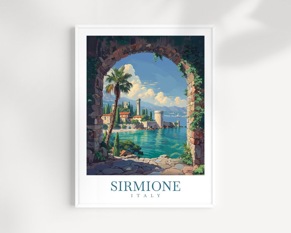 Sirmione Italy Stone Arch Framing Lake Garda Castle View Art Print