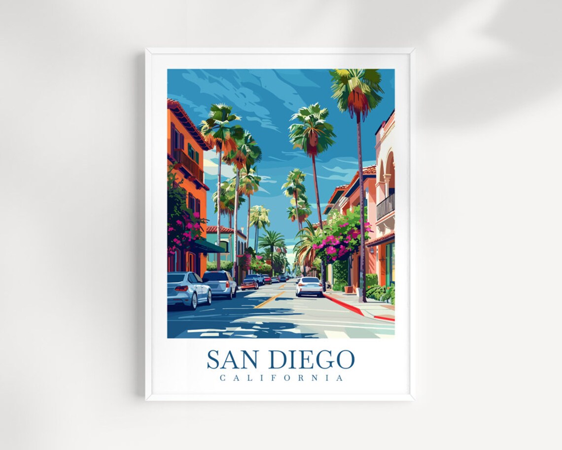 San Diego California Palm Avenue Orange Buildings Cars Art Poster