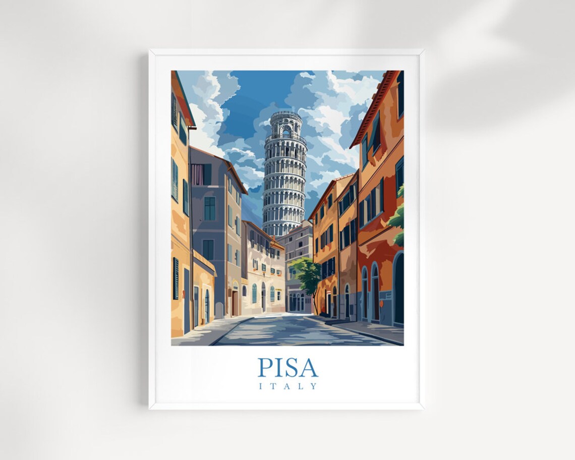 Pisa Italy Leaning Tower Old Town Street Landmark Travel Poster