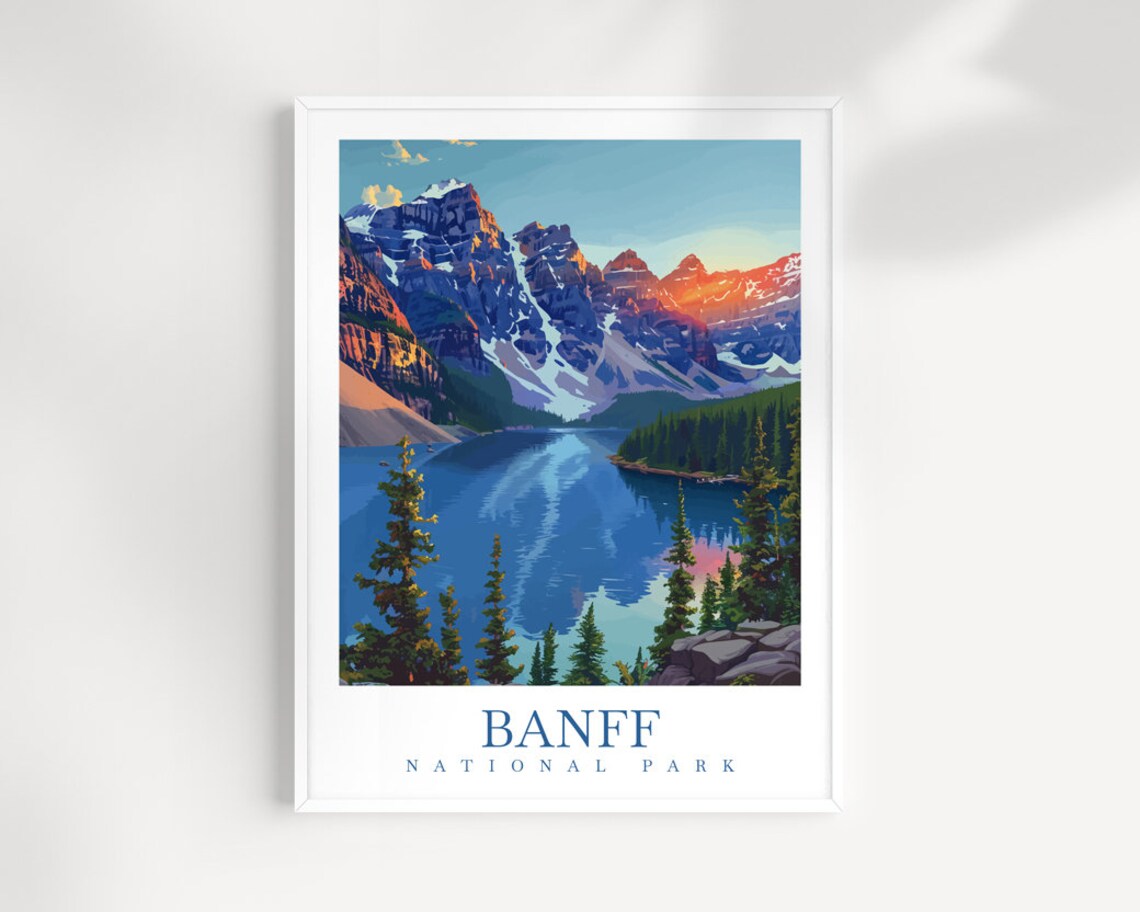 Banff National Park Sunset Peaks Mirror Lake Vintage Travel Poster