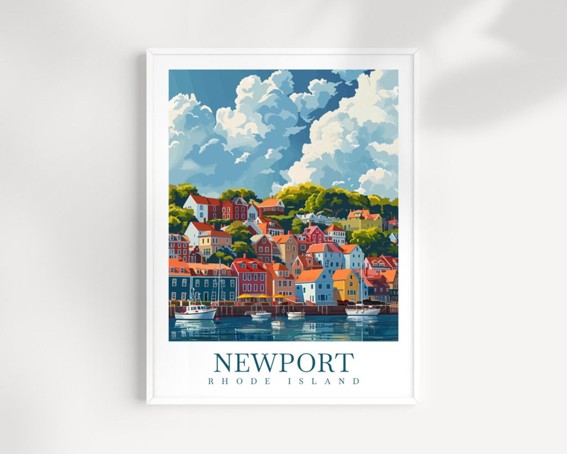 Newport Rhode Island Colorful Harbor Sailboat Scene Travel Poster