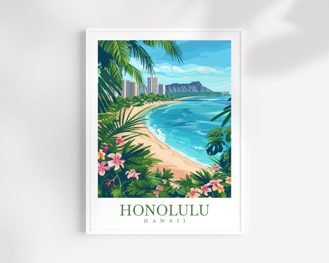 Honolulu Hawaii Waikiki Beach with Diamond Head Vintage Travel Poster