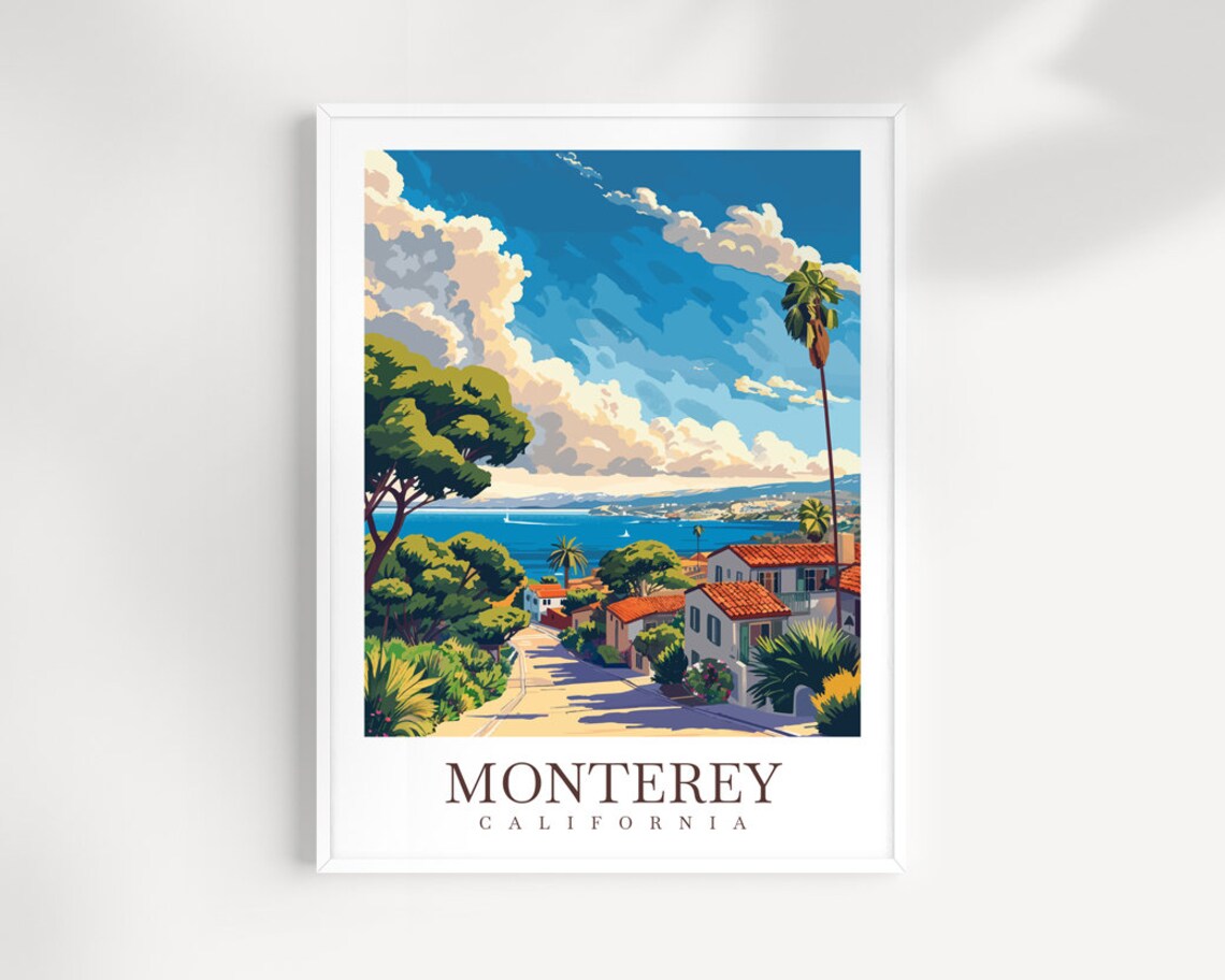 Monterey California Hillside Street Ocean View Travel Poster