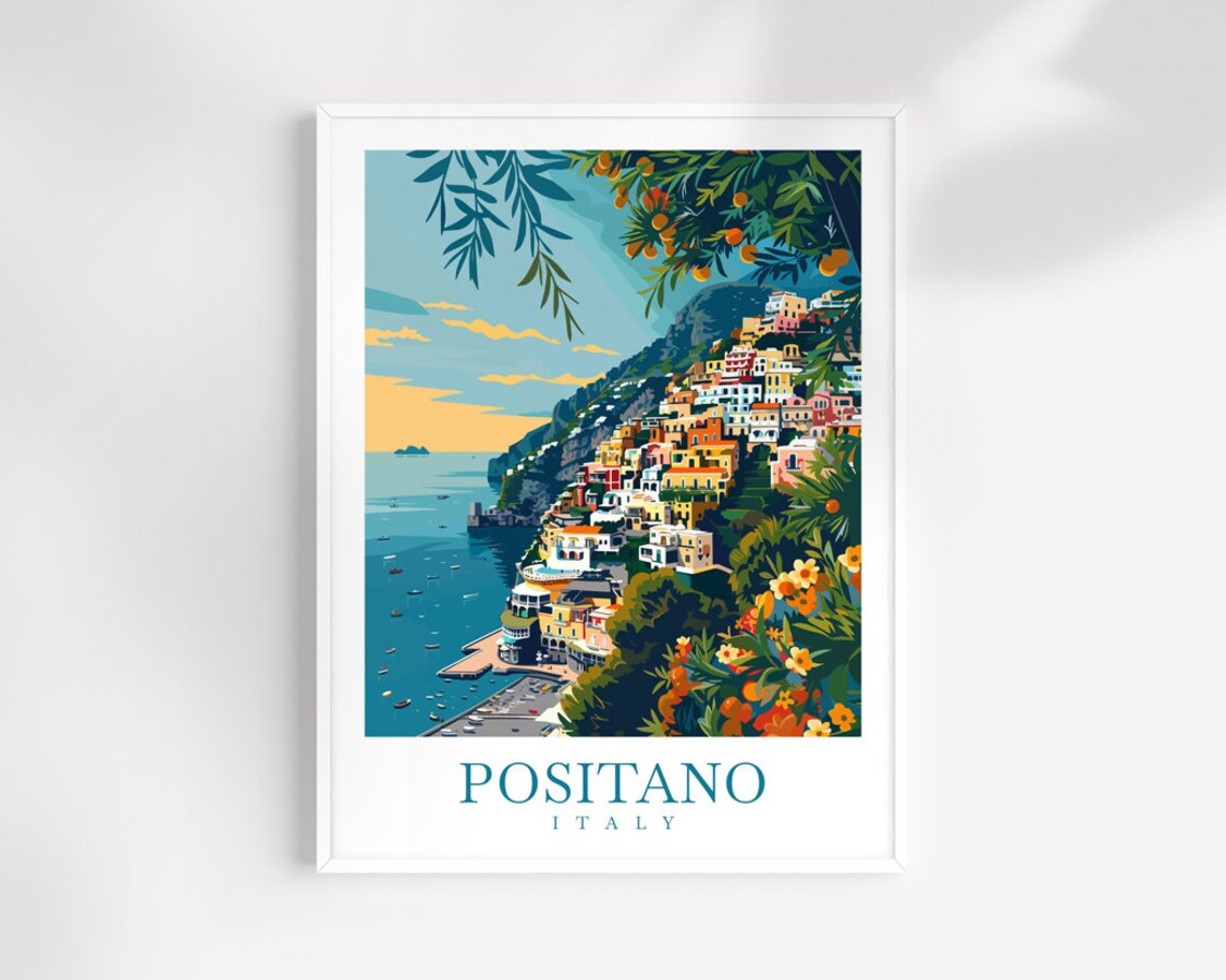 Positano Italy Cliffside Houses Sea View Citrus Branches Travel Poster