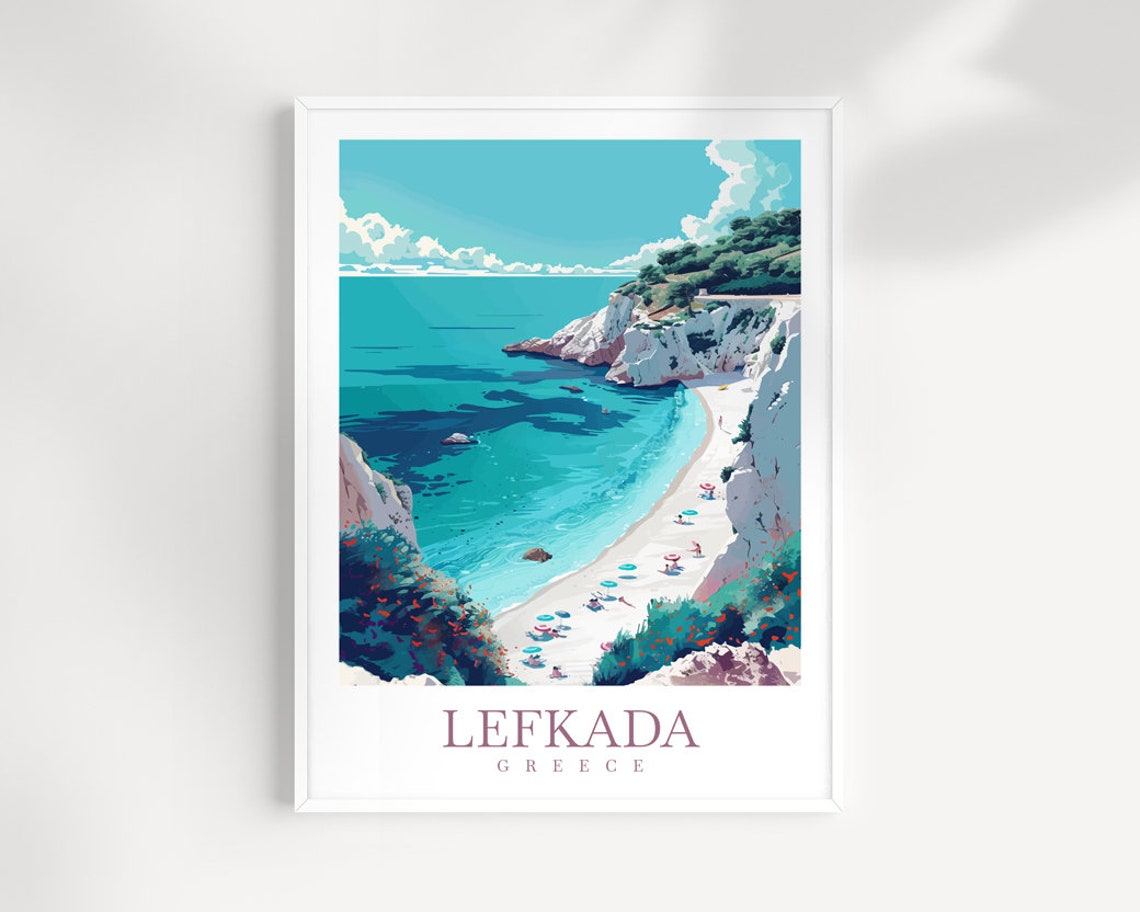 Lefkada Greece Turquoise Bay White Cliff Beach Travel Poster