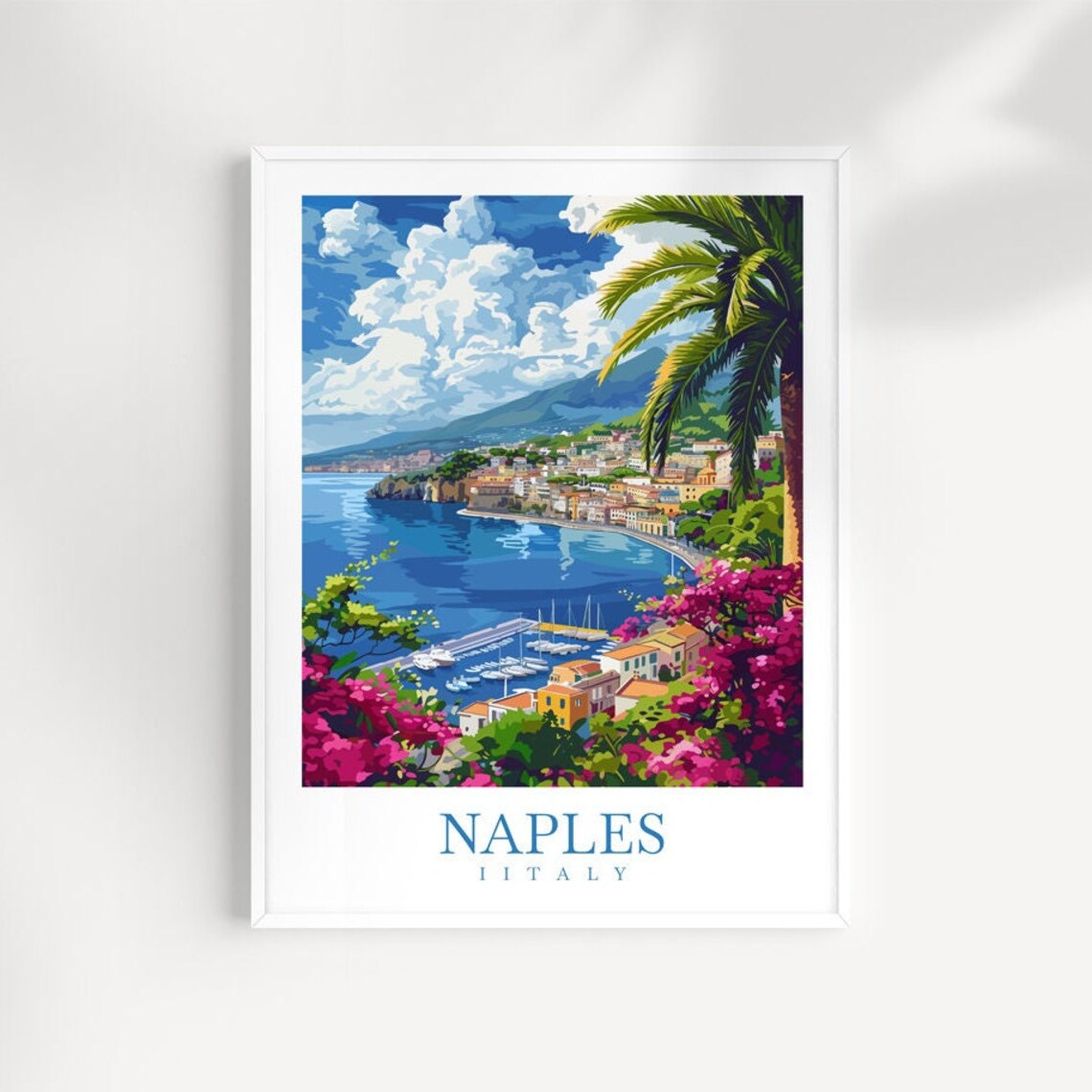 Naples Italy Bay Marina Palm Trees and Bougainvillea Travel Poster