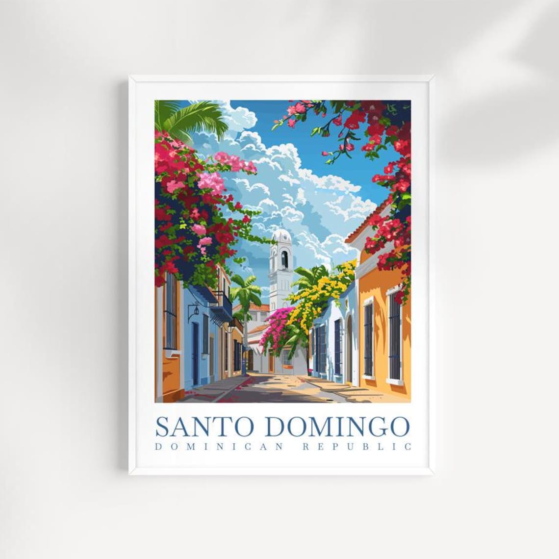 Santo Domingo Colonial Street Church Tower Bougainvillea Scene Poster