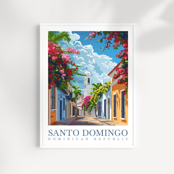 Santo Domingo Colonial Street Church Tower Bougainvillea Scene Poster
