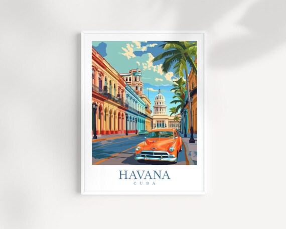 Havana Cuba Vintage Orange Car and Colonial Street Travel Poster