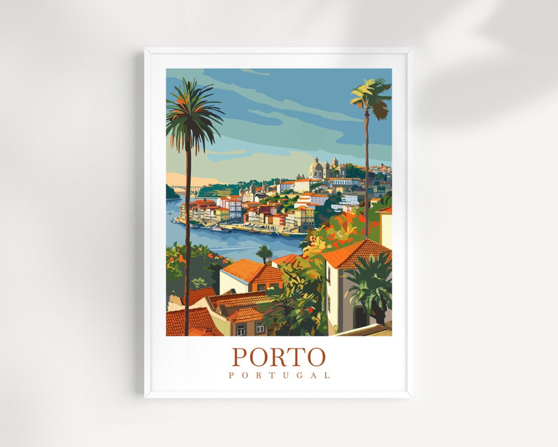 Porto Portugal Douro River Skyline Rooftops Vintage Travel Poster