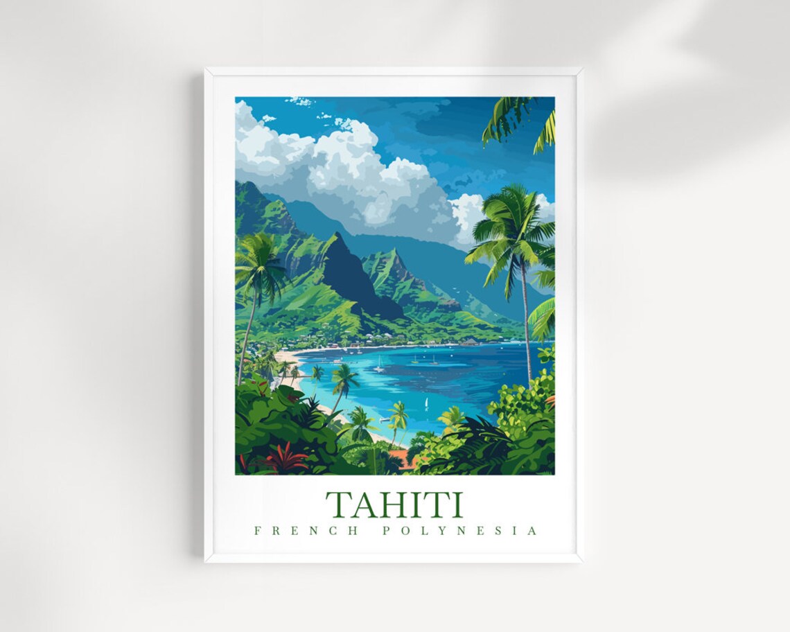 Tahiti French Polynesia Lush Lagoon and Mountain View Travel Poster